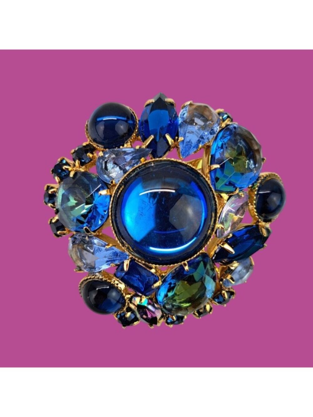 Vintage Blue Rhinestone Round Brooch Pin Dome Cabochon Navette Cluster Statement - Picture 3 of 11